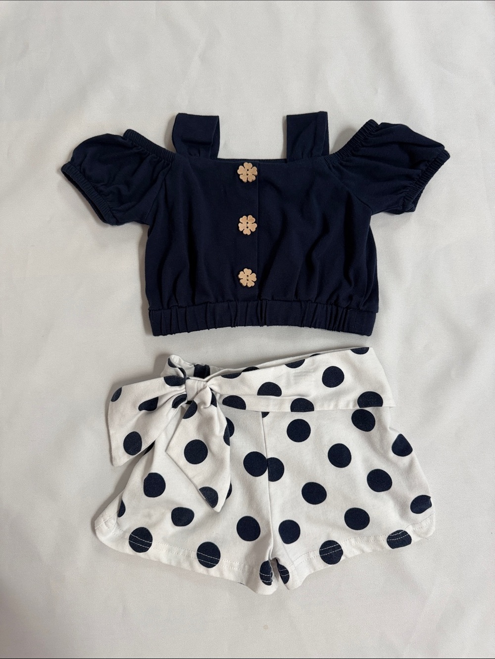 Rare Editions Navy Crop Top and White Polka Dot Shorts Set